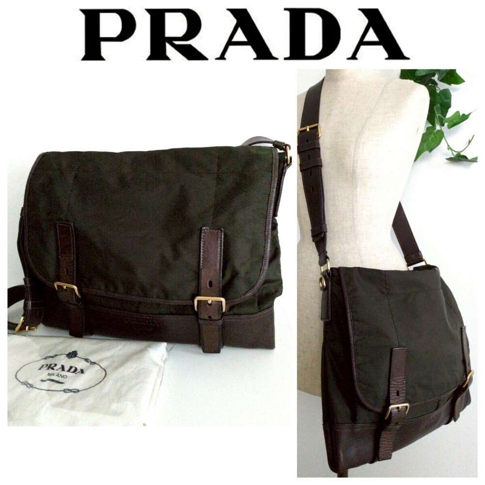 Prada leather shoulder bag messenger business olive brown